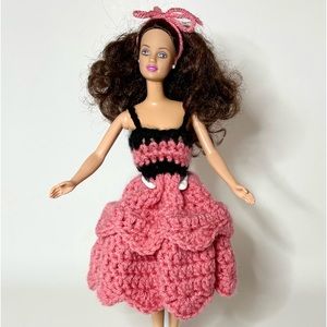 Handmade Fashion Barbie Ruffle And Spaghetti Strap Dress Pink With Black Accents
